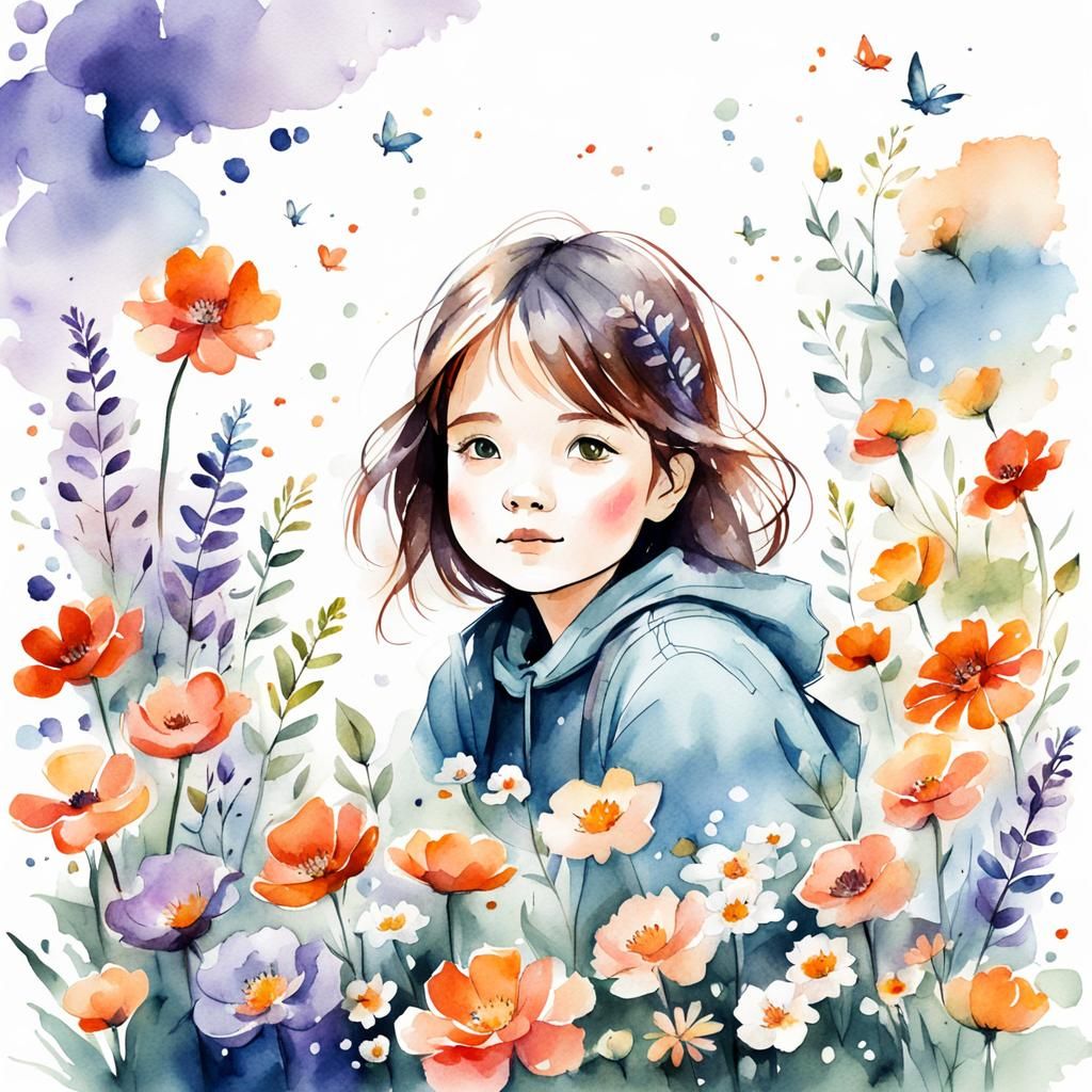 Girl in Flowers, Digital Watercolor Cartoon Sketch