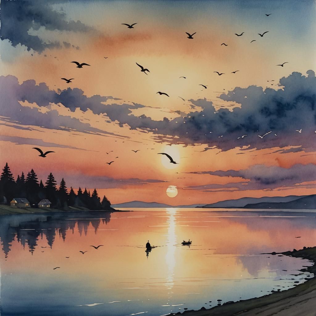 Watercolor Sunset Lake with Cyclist and Seagulls