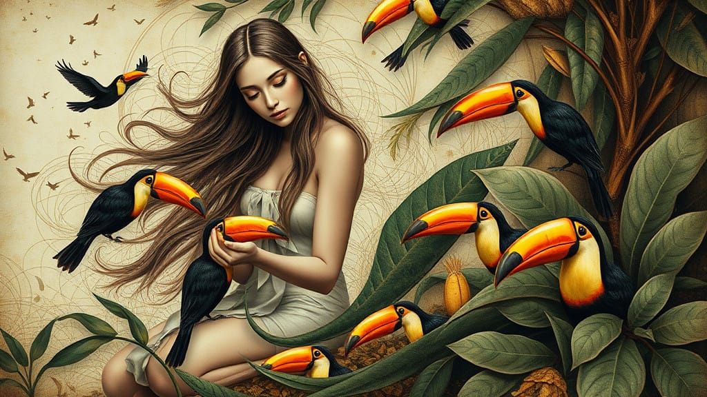 Woman Gathering Food for Tucans Amidst Bird-of-Paradise Plan...