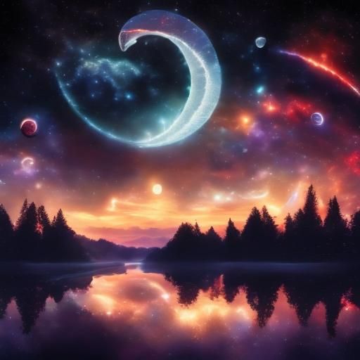 Cosmic Galaxy Crescent Moon Reflected in River