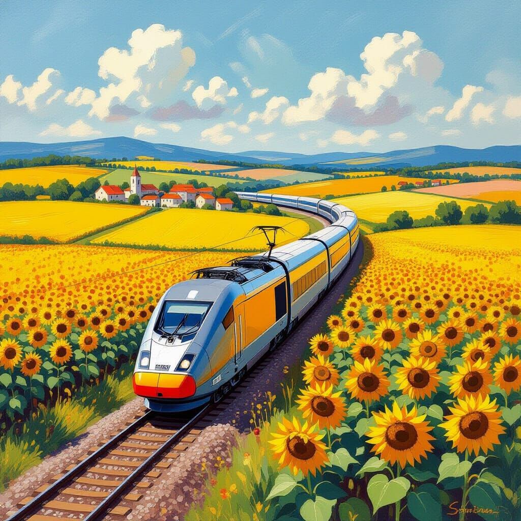 TGV Train Glides Through French Countryside, Impressionistic...