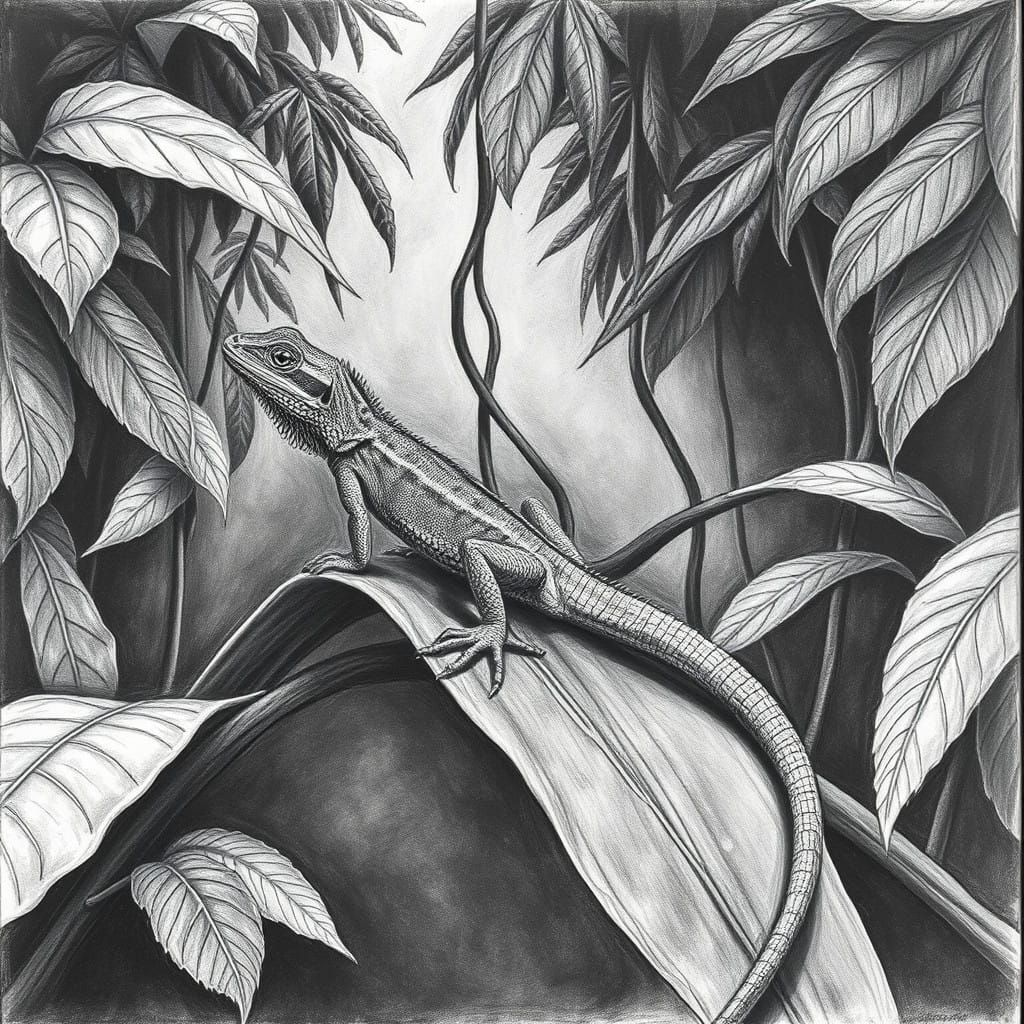 Rainforest Lizard Perched on a Leaf in Charcoal