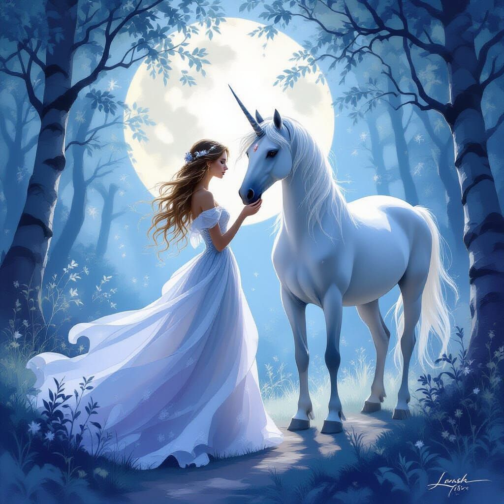 Maiden and Unicorn in Moonlight, Ethereal Art