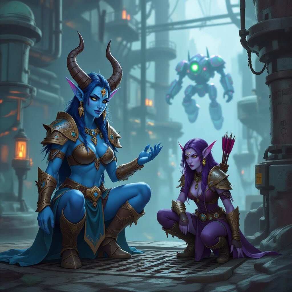 Draenei Shaman and Night Elf Huntress in Industrial Plant
