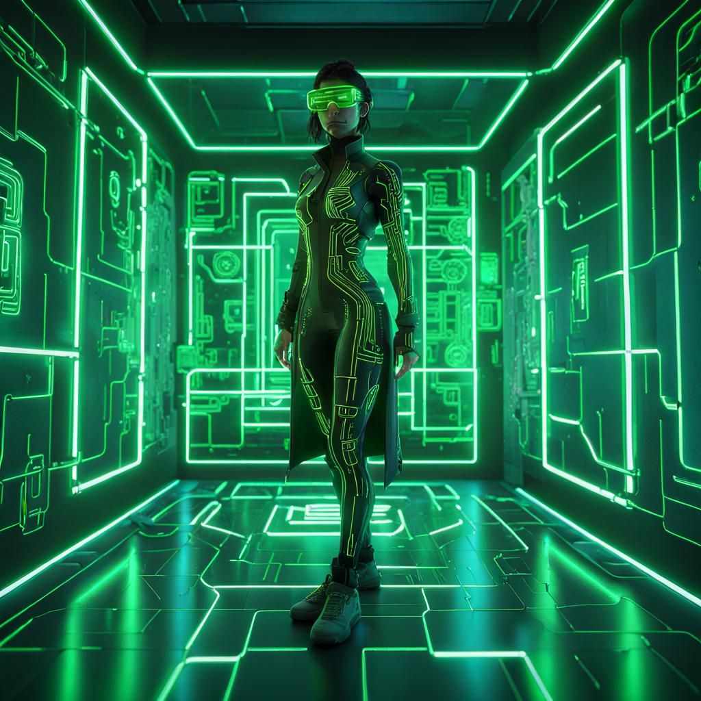 Holographic Figure in Cyberpunk Matrix Room