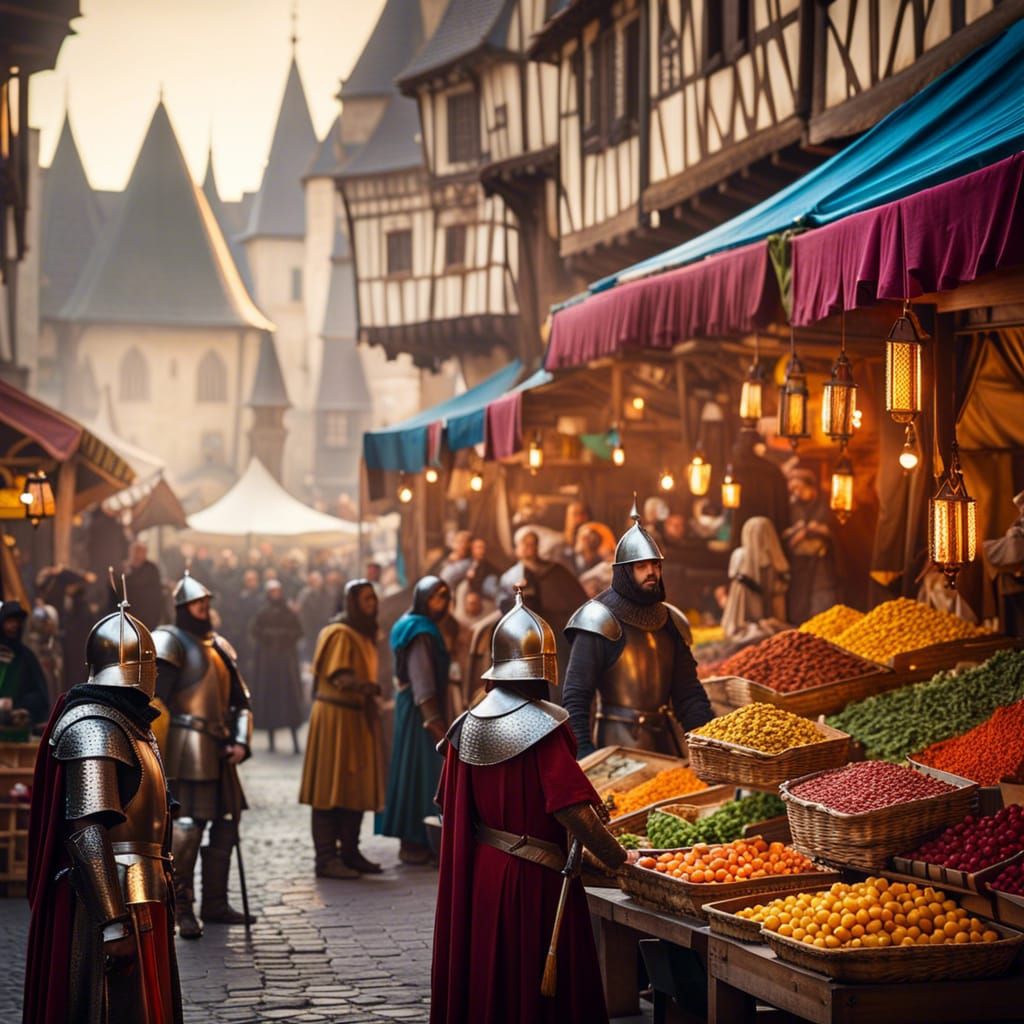 Knights and Merchants in a Lively Medieval Marketplace
