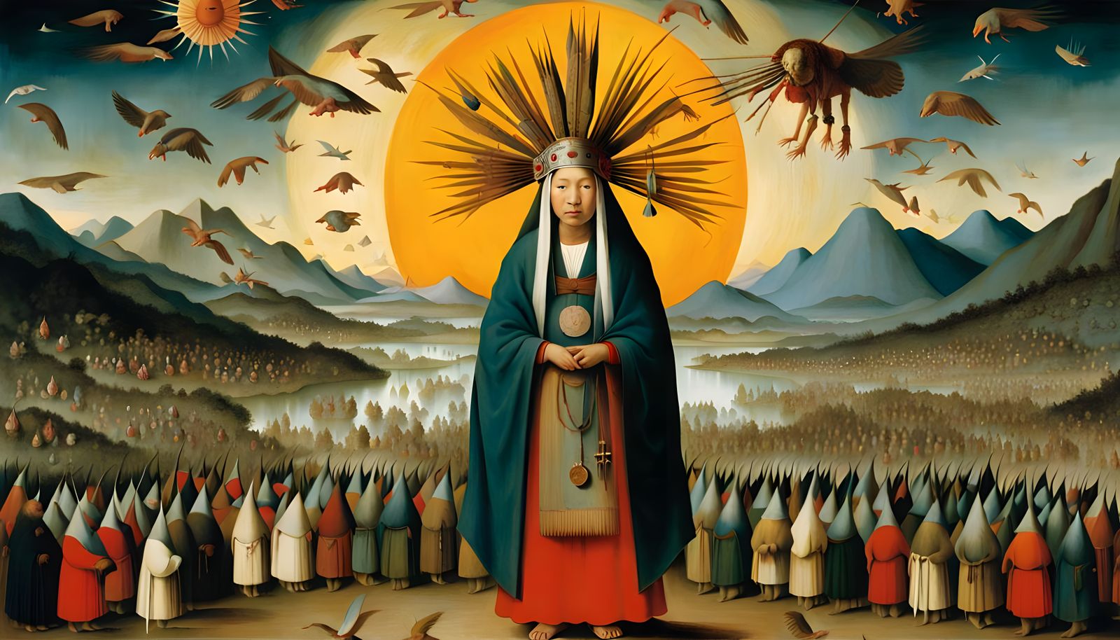 Native American Woman in Bosch-Inspired Landscape