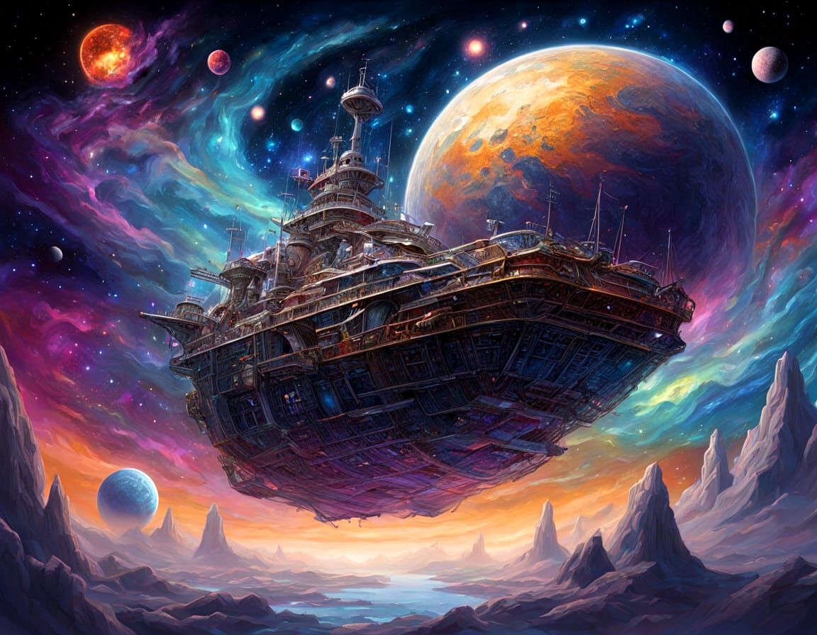 Surreal Cosmic Ship Drifting Through Starry Cloud Sea