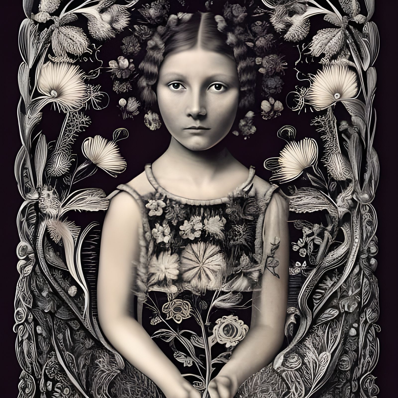 Girl Holding Flowers in Hyperdetailed Botanical Art