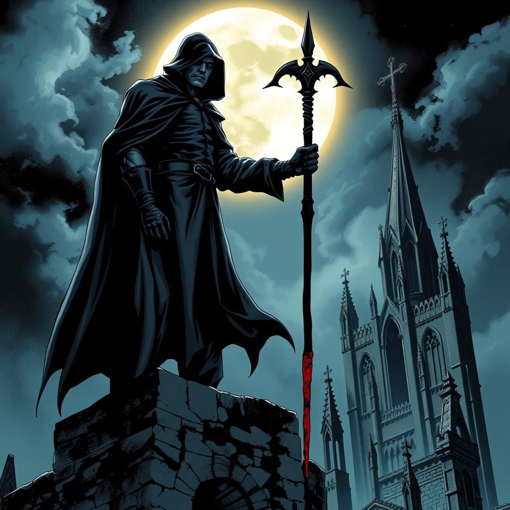 Vampire Hunter in Gothic Cathedral at Full Moon