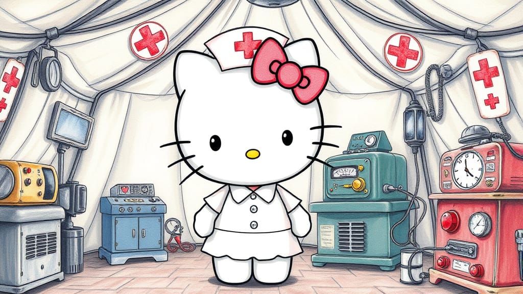 Hello Kitty as WWII Nurse, Colored Pencil Art