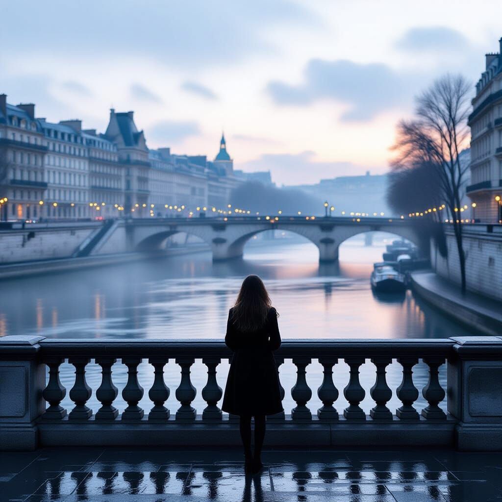 Woman on Parisian Bridge at Dawn in Hyperrealistic Style