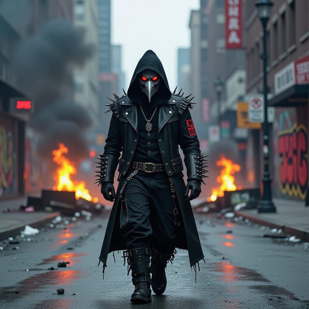 Punk Plague Doctor in Chicago Riot, Graffiti Style