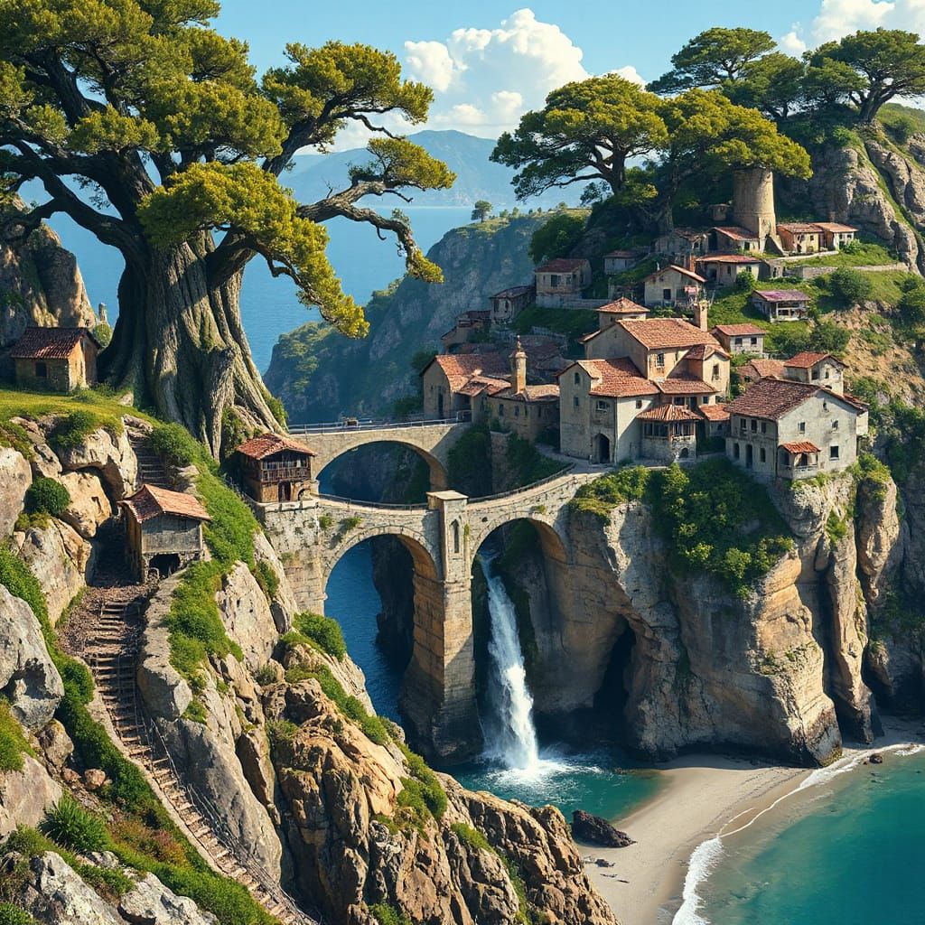 Vibrant Cubist Cliffside Village in the Mist