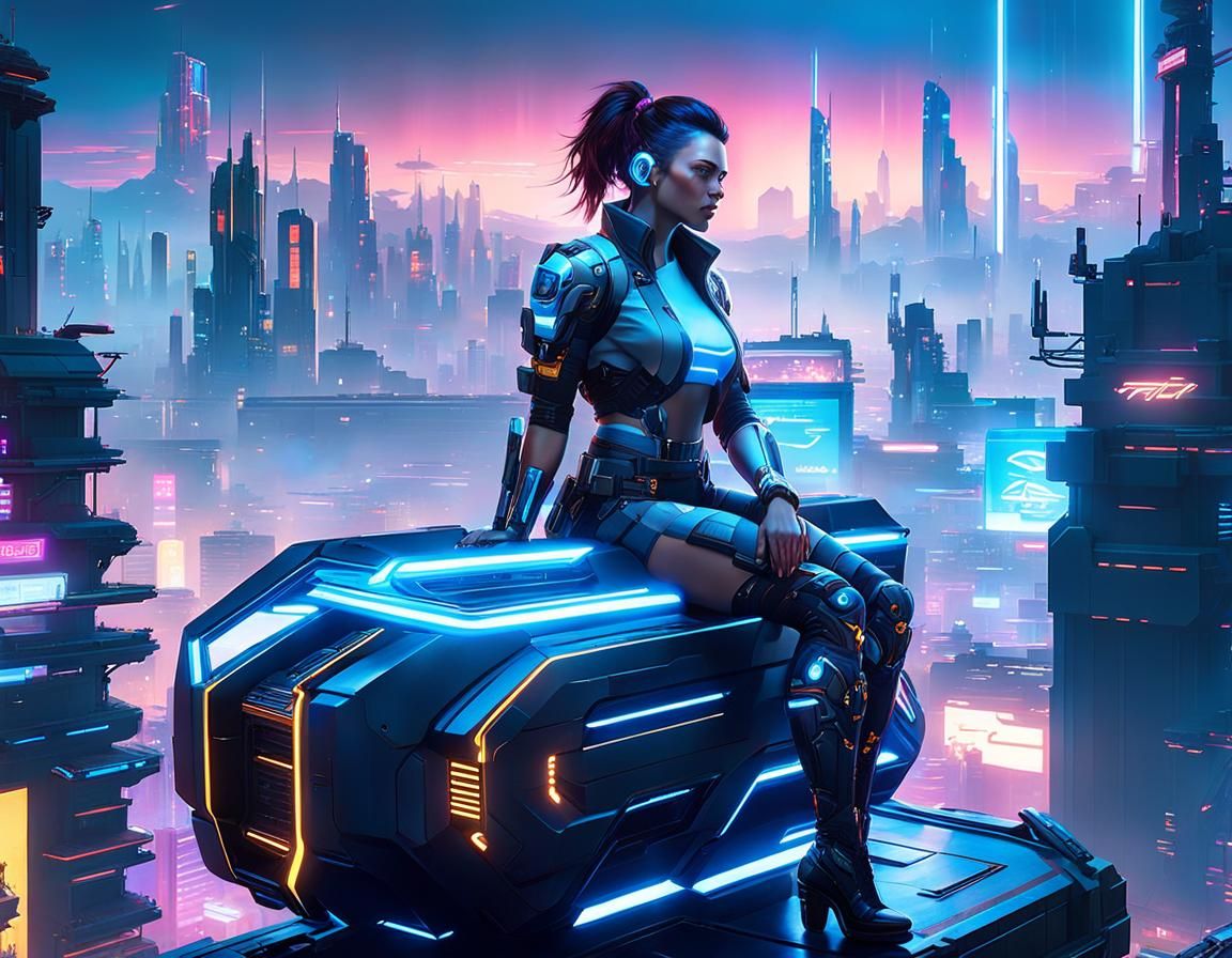 Cyborg Girl in Cyberpunk 2099 Cityscape