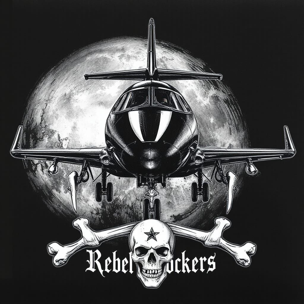 A luxury black private jet, in a gothic style of skulls and bones. 'Rebel Rockers' logo along it side *add a gothic back...