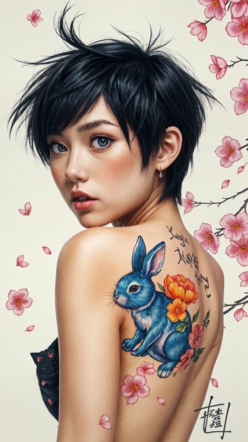 Anime Woman with Rabbit Tattoo