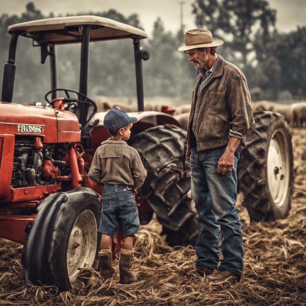 A Farmer and Boy Talking: Hyperrealistic 64 Megapixel Image