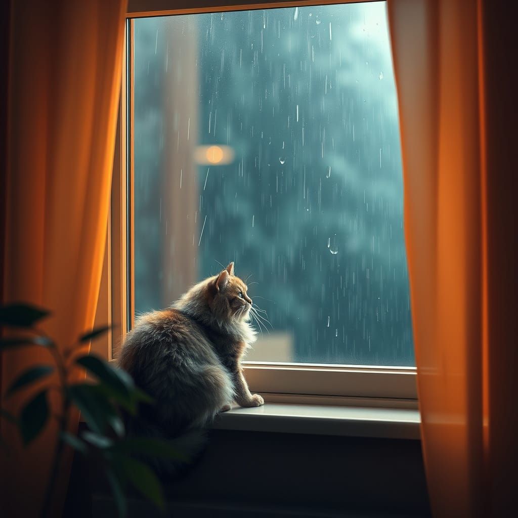 Cozy Indoor Scene with Rainy Day Cat