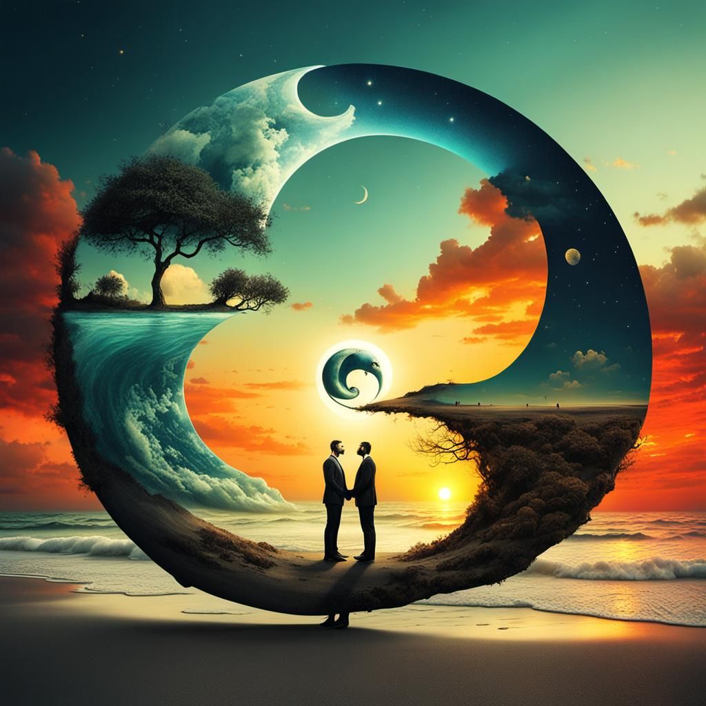 Surreal Yin Yang Beach Sunset in Surrealist Style