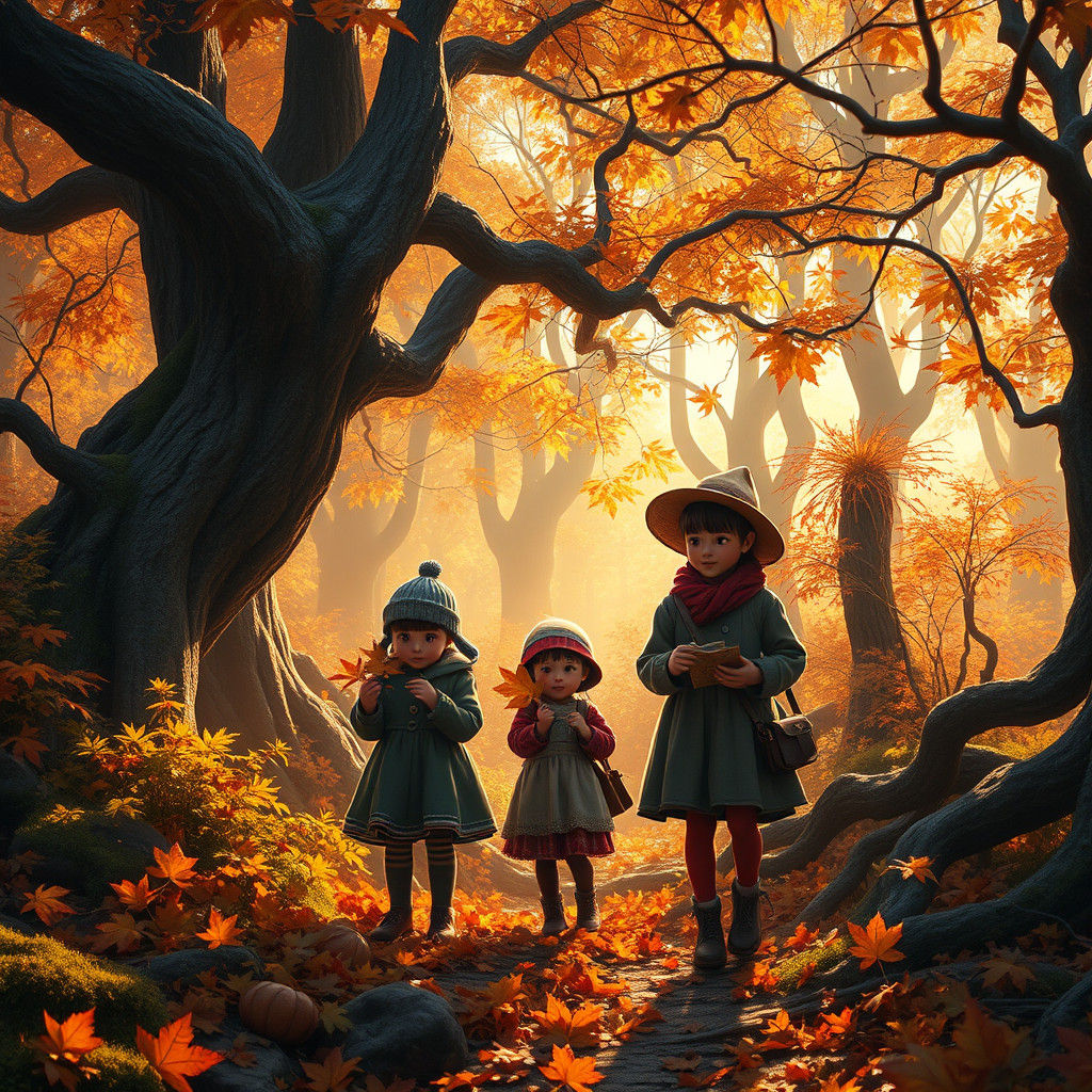 Children Collecting Autumn Leaves in Enchanted Forest