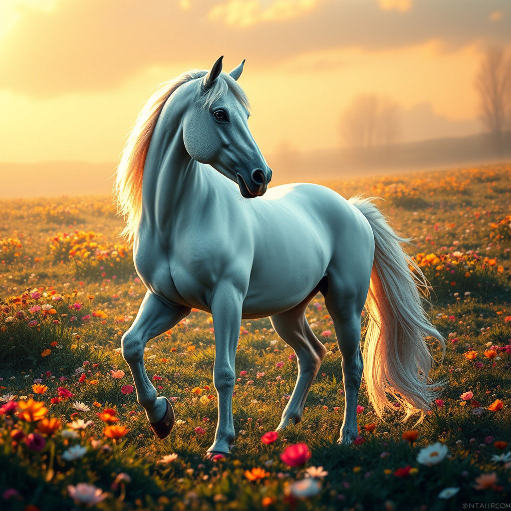 Majestic White Horse in a Field of Flowers