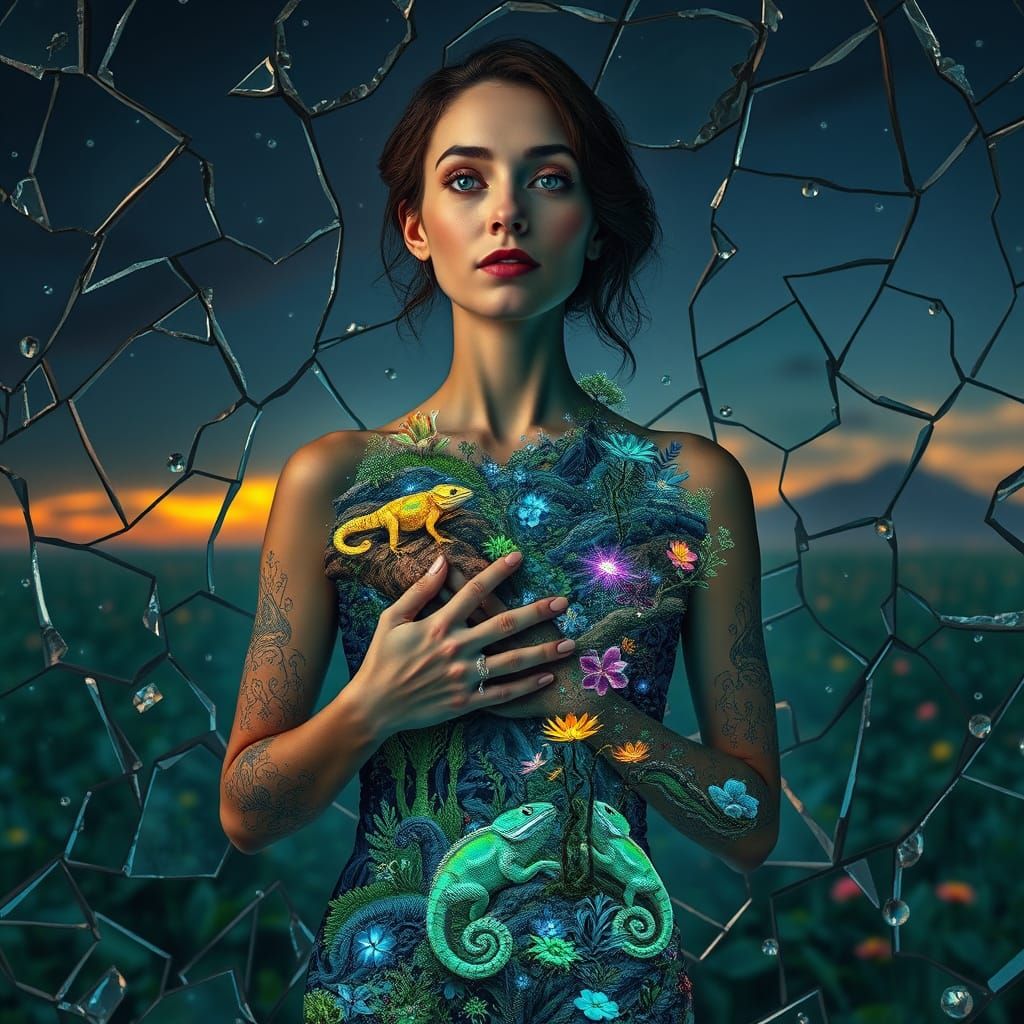 Woman in Shattered Glass Landscape with Glowing Ecosystems a...