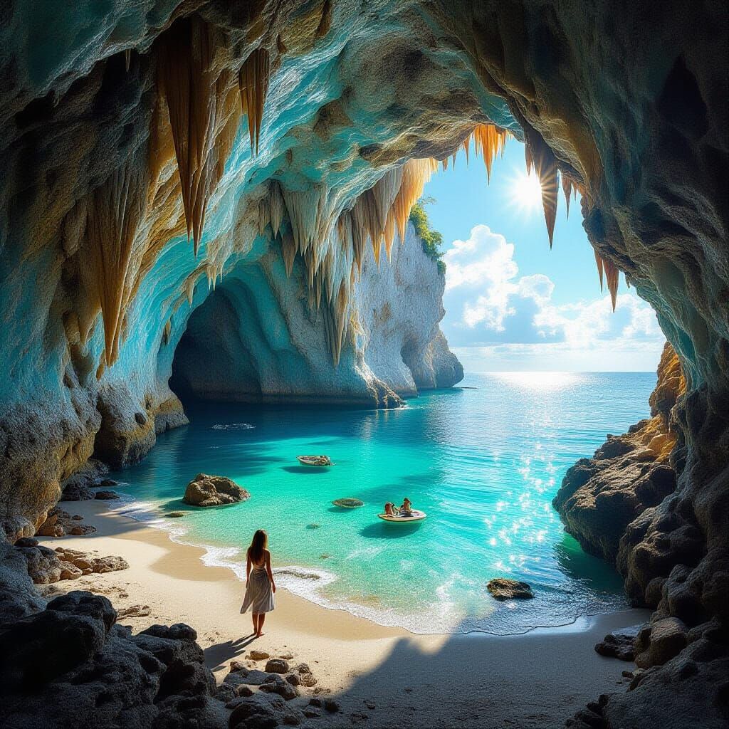 Hyper-Realistic Cave Interior with Sparkling Lake and Ocean ...