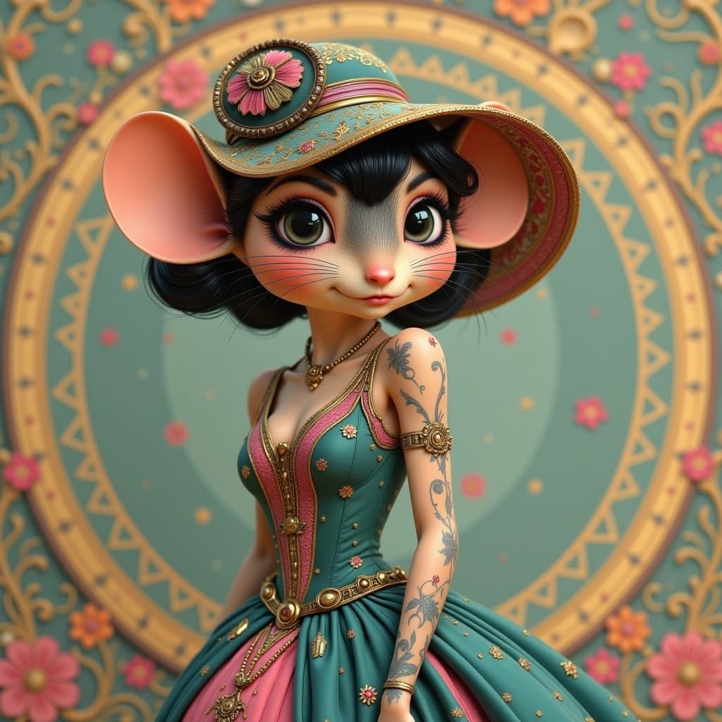 1920s Flapper Mouse in Teal and Pink Gown