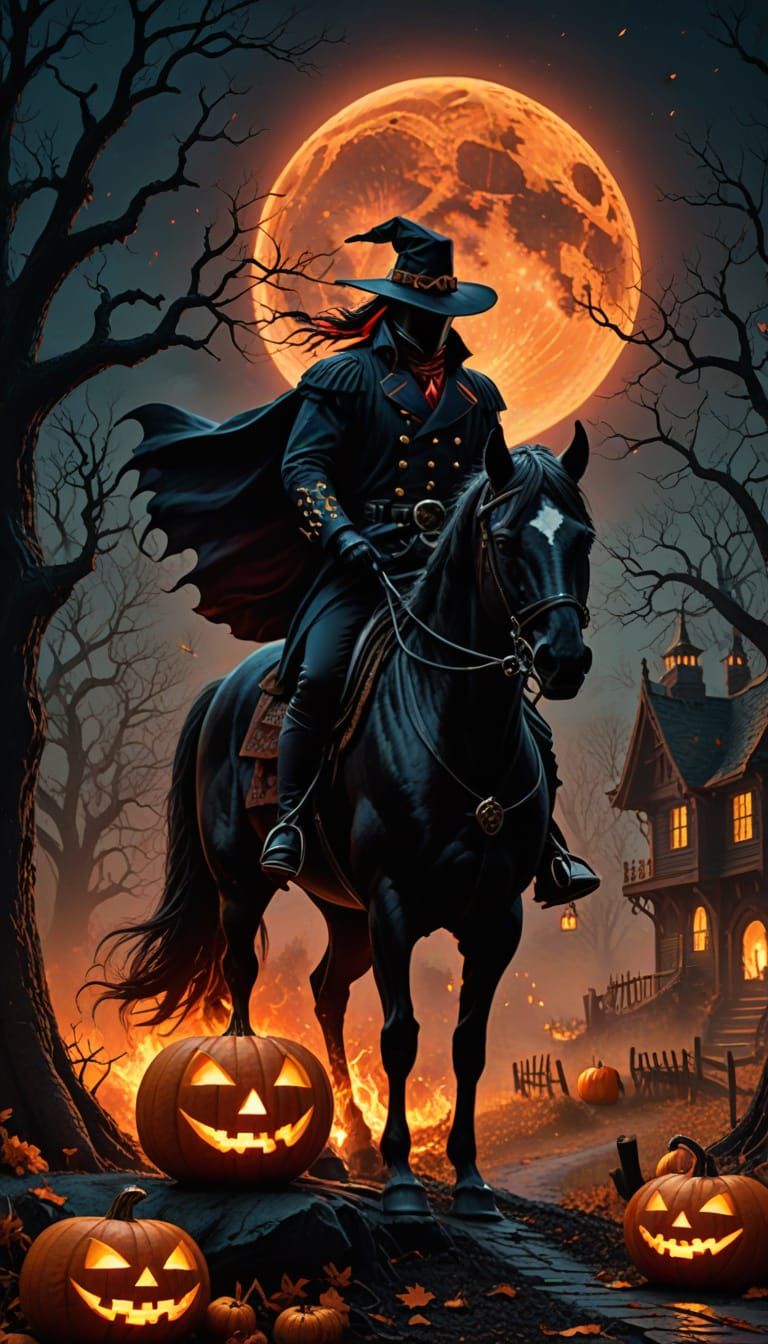 Headless Horseman with Flaming Jack-o'-Lantern Head Under Bl...