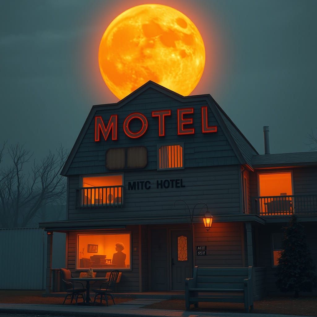 Eerie 1960s Horror Scene at the Bates Motel Under a Full Ora...