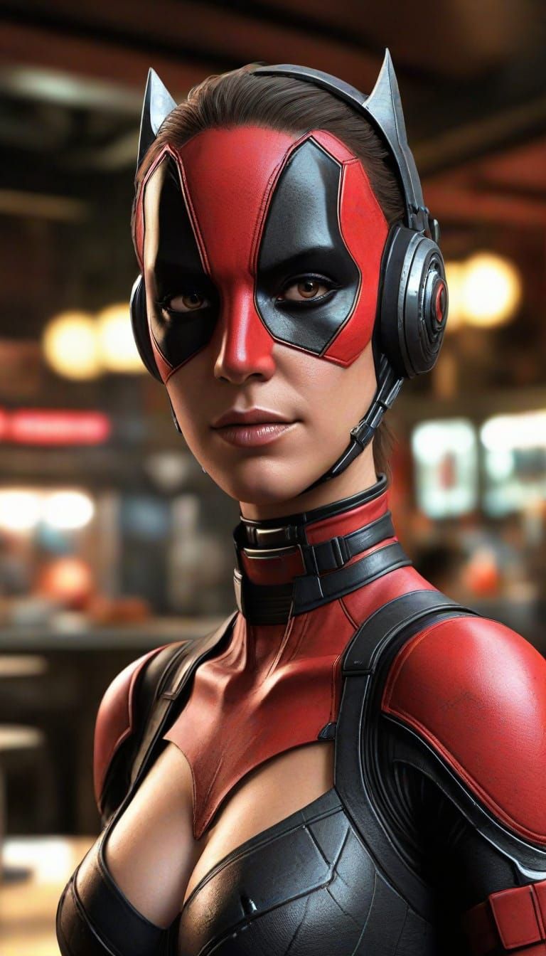Symmetrical Portrait of a Lady in a Deadpool Batman Inspired...
