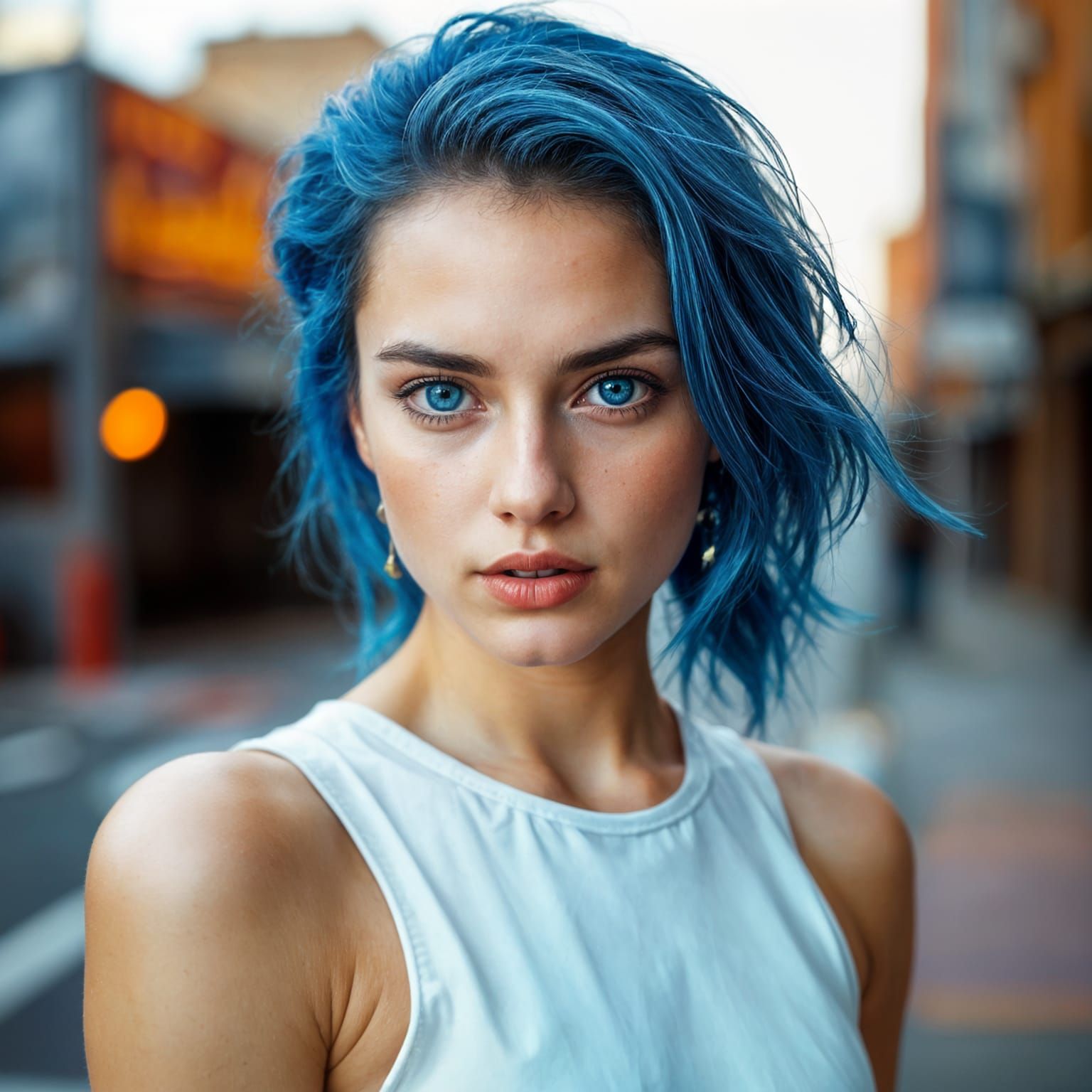 Photorealistic Portrait of a Woman with Blue Hair