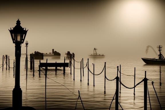 insanely detailed scary eerie pier at night with heavy fog, lamppost and docked boat ethereal fantasy hyperdetailed mist