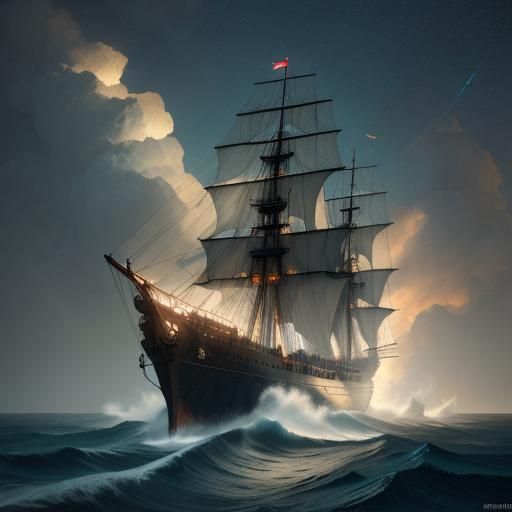 Vintage Navy Ship Sailing on Cloud in Digital Art