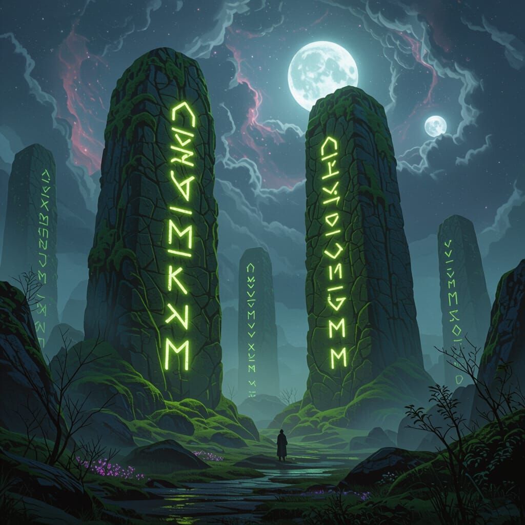 Mystical Rune Monoliths in Ethereal Fog