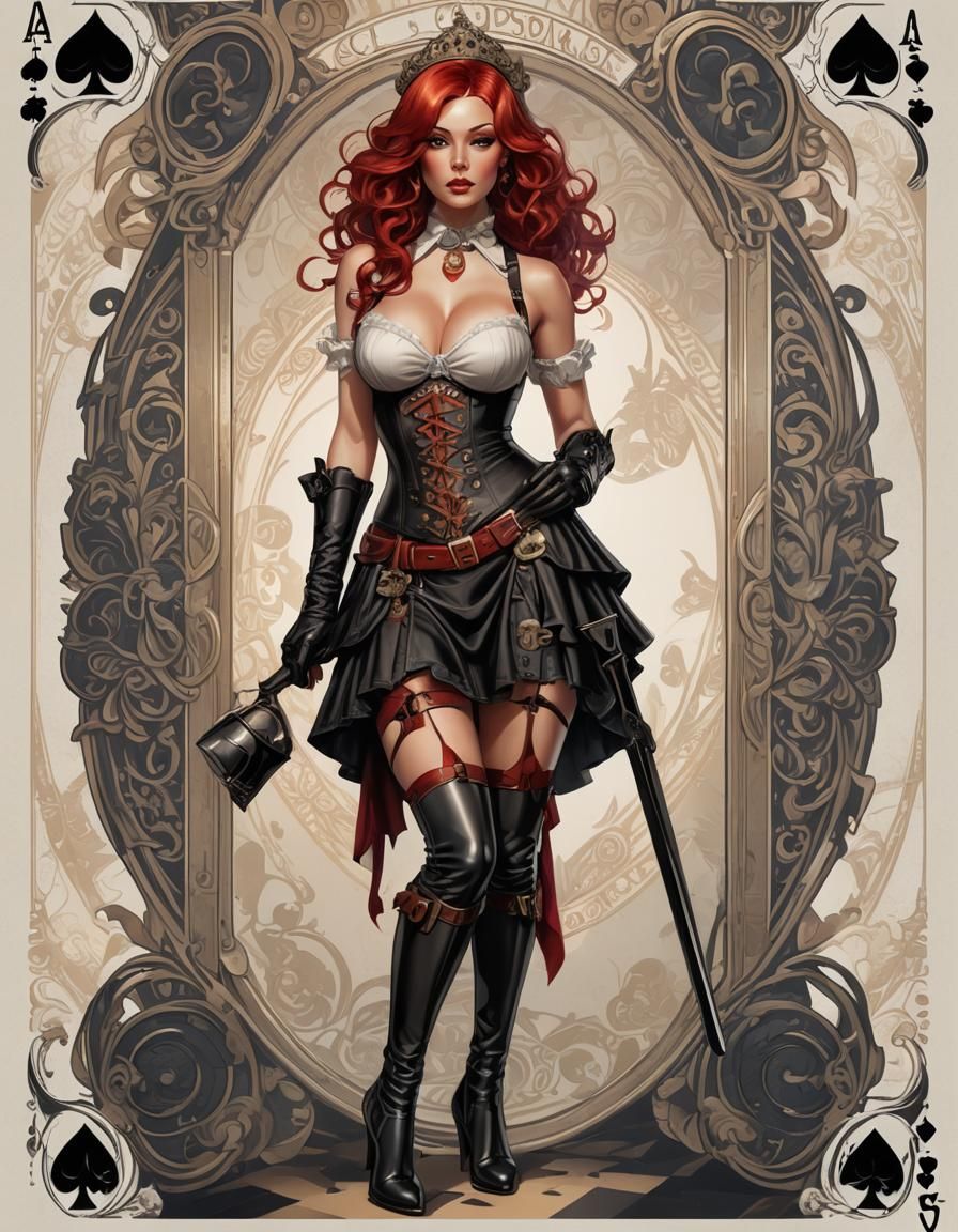 Ace of Spades Pinup Girl Card in Art Nouveau Style