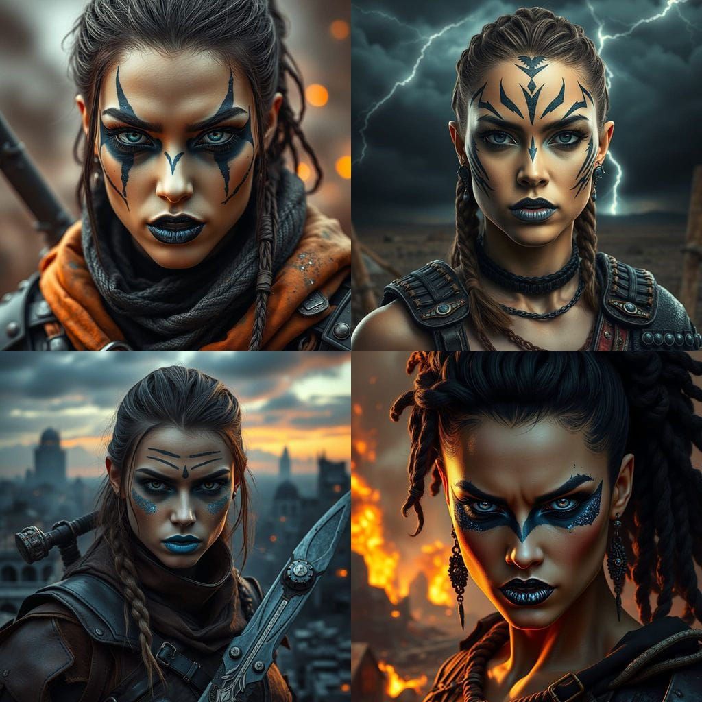 Fierce Apocalypse Warrior in Deep Blues and Blacks