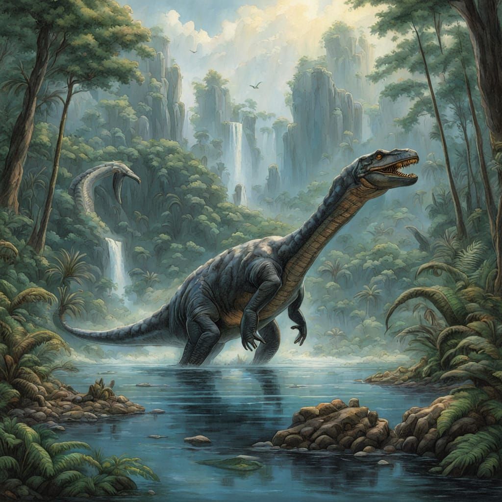 Plesiosaur in Prehistoric Lagoon with Erupting Volcano