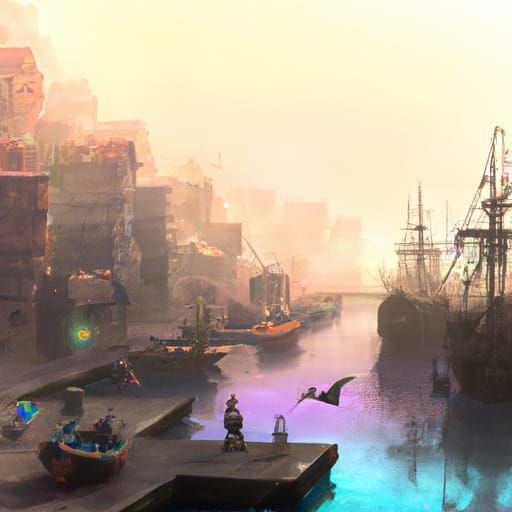 Foggy Port Town Sunset in a Painted Style
