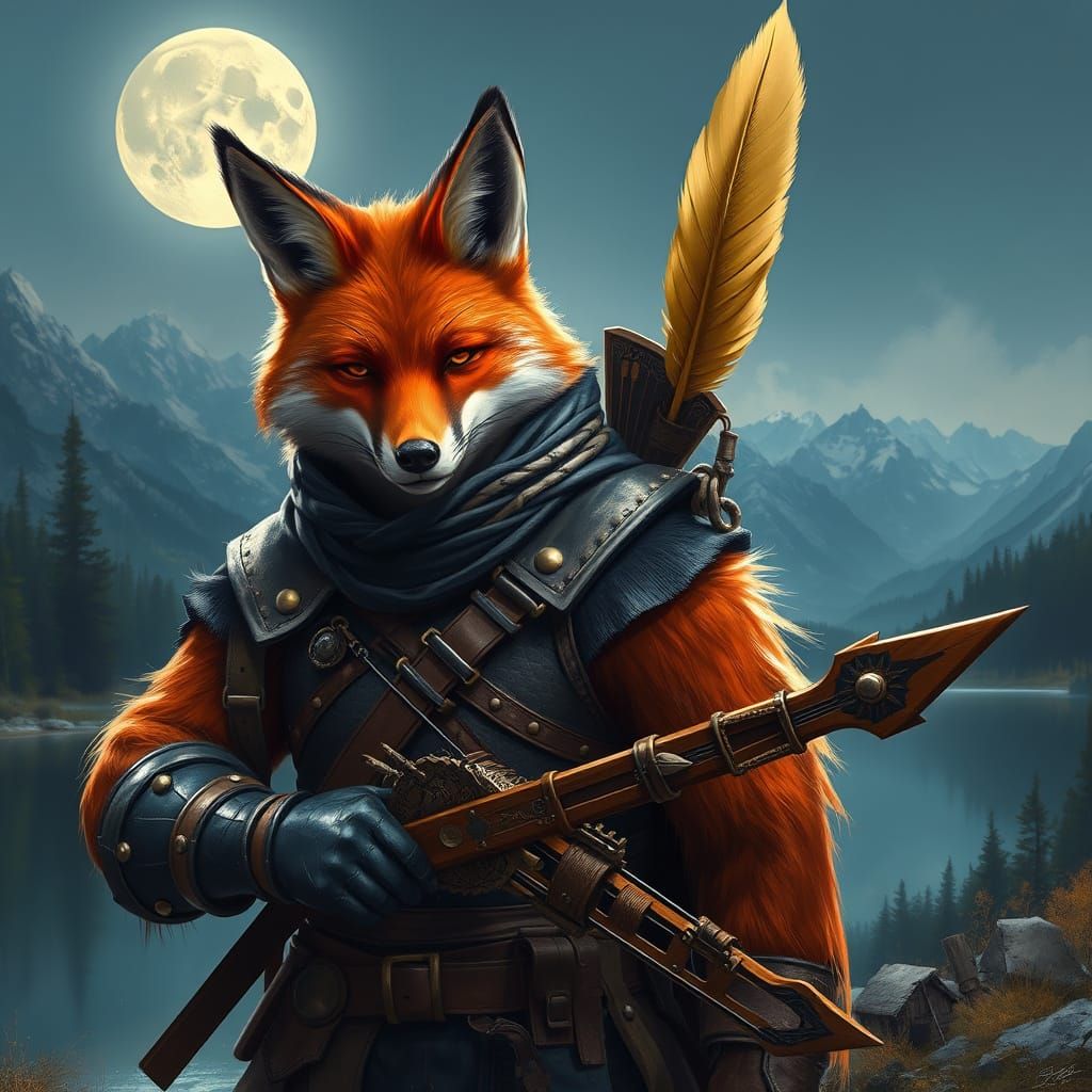 Fox Warrior with Crossbow in Atmospheric Landscape
