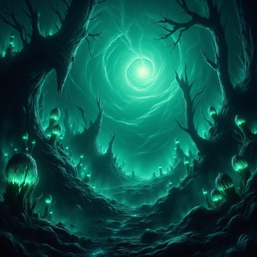 Eerie Bioluminescent Forest Under a Green Sky
