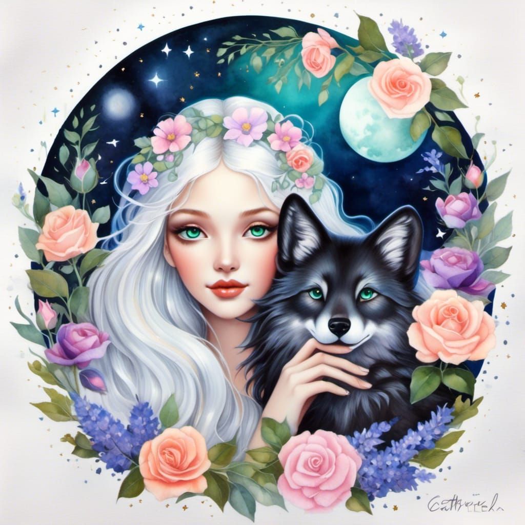 Woman with Wolf in Gouache Watercolor Style
