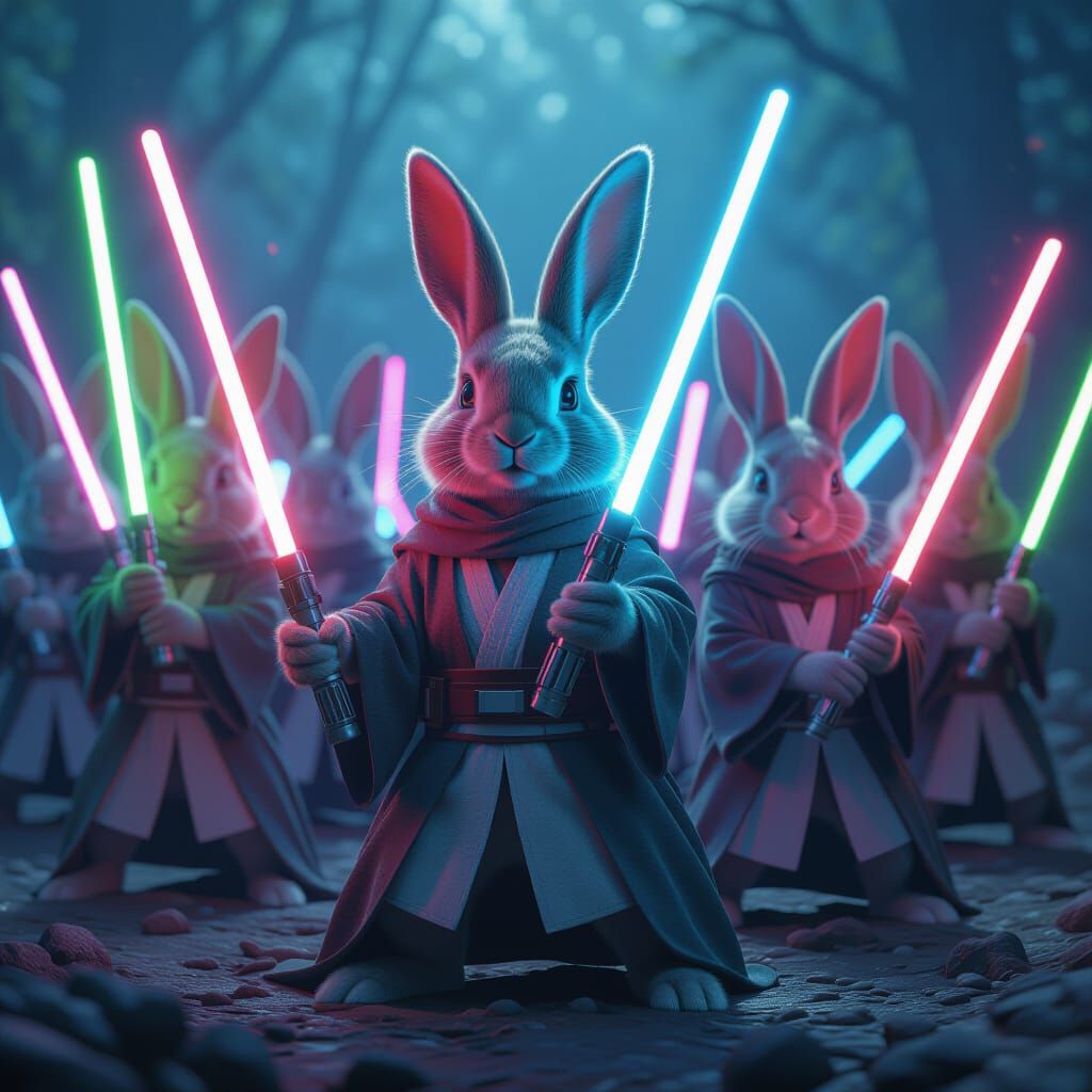 Rabbits as Jedi Wielding Lightsabers