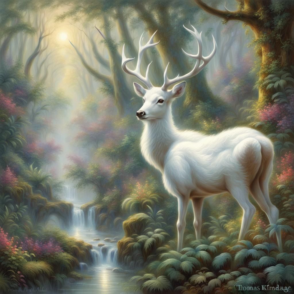 Ethereal White Deer in a Misty Jungle