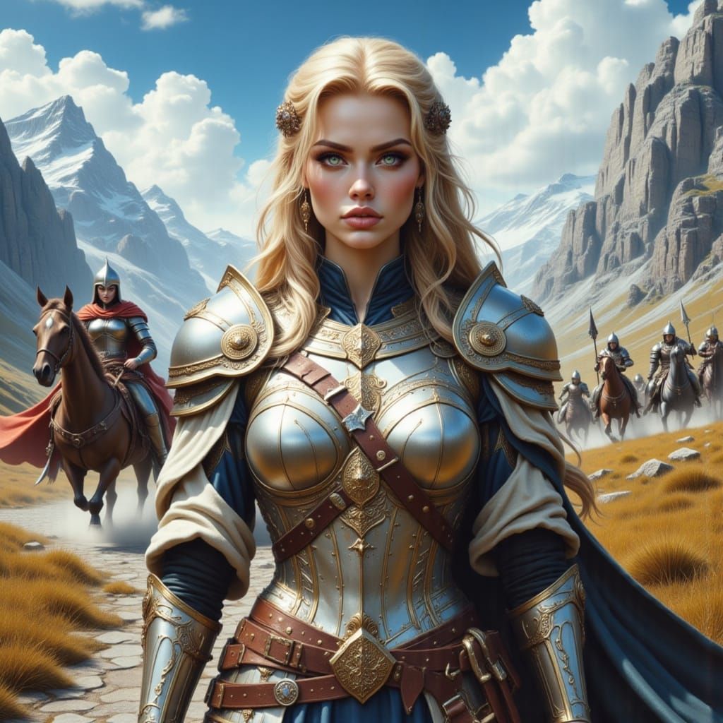 Female Holy Paladin Leading Knights, Comic Style