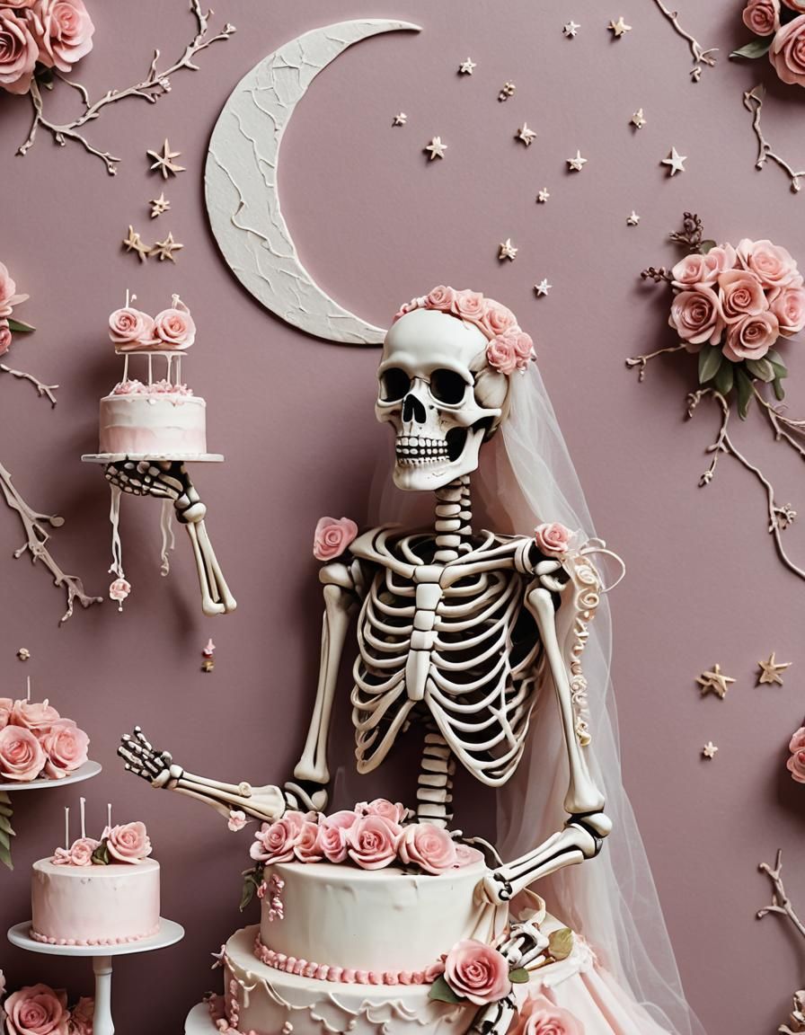 Skeleton and Wedding Cake Moon in Pink Tones