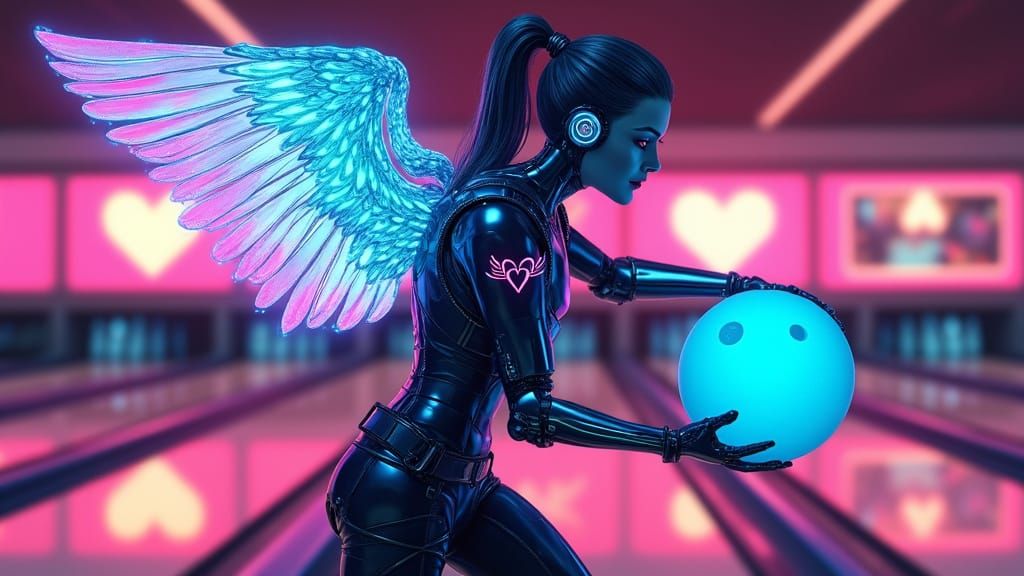 Android Warrior Angel Aims for Perfect Strike in Neon-Lit Bo...