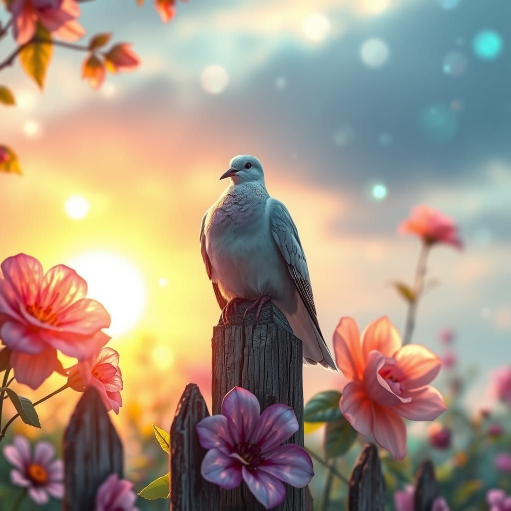 Surreal Dove in Whimsical Garden of Wonders