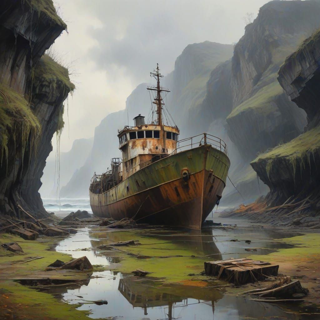 Dramatic Abandoned Shipwreck in Warm Watercolor